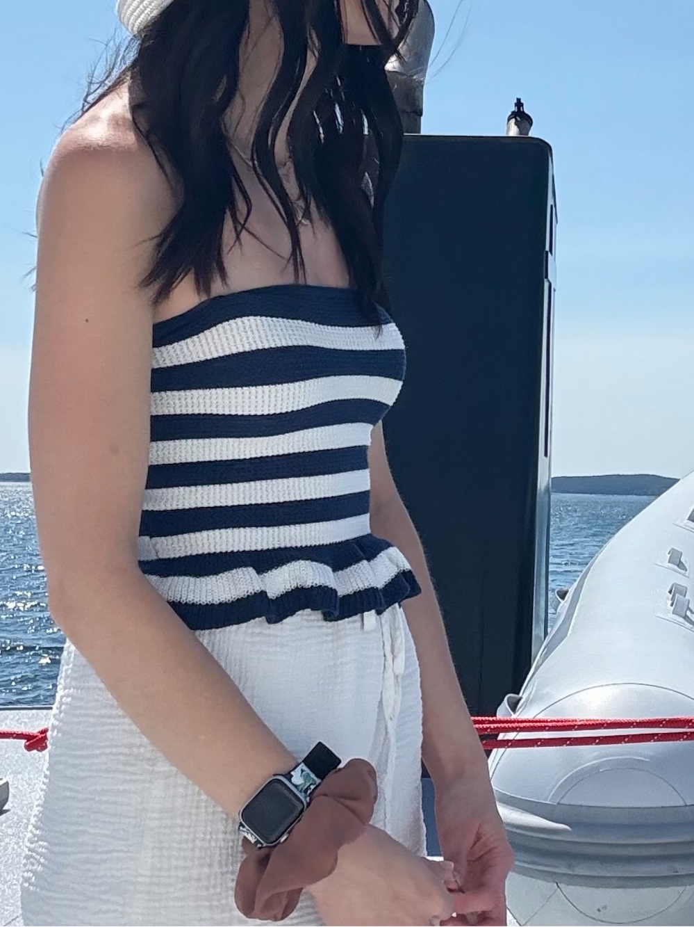 American Eagle Outfitters Navy and White Striped Knit Crop Top